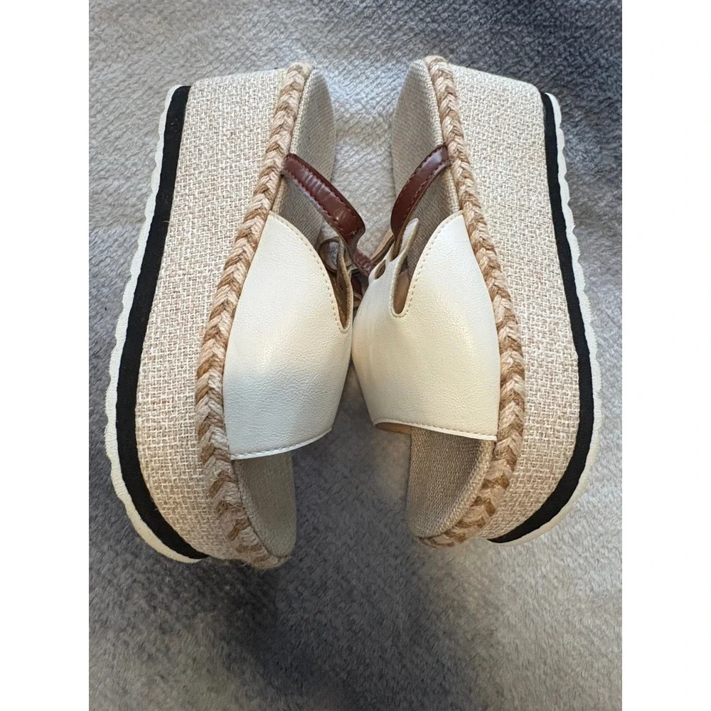 Cream Brown Espadrille Platform Wedge Sandals Mules Size 9 CN 41 Summer Boho